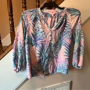 Lilly Pulitzer Pink and Blue Tropical Silk Elsa Top